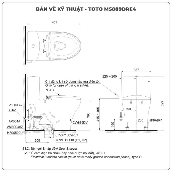 Thông số kỹ thuật bồn cầu nắp rửa cơ TOTO MS889DRE4