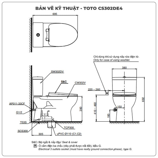 Thông số kỹ thuật bồn cầu nắp rửa cơ TOTO CS302DE4