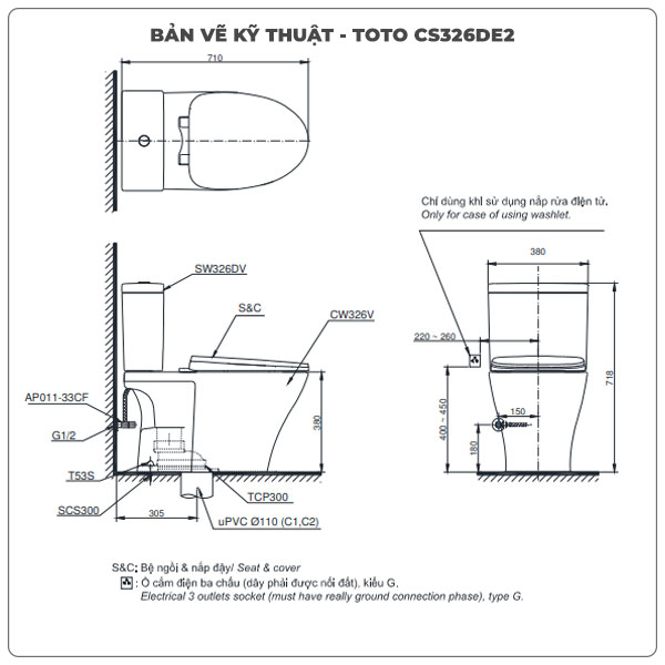 Thông số kỹ thuật bồn cầu nắp rửa cơ TOTO CS326DE2