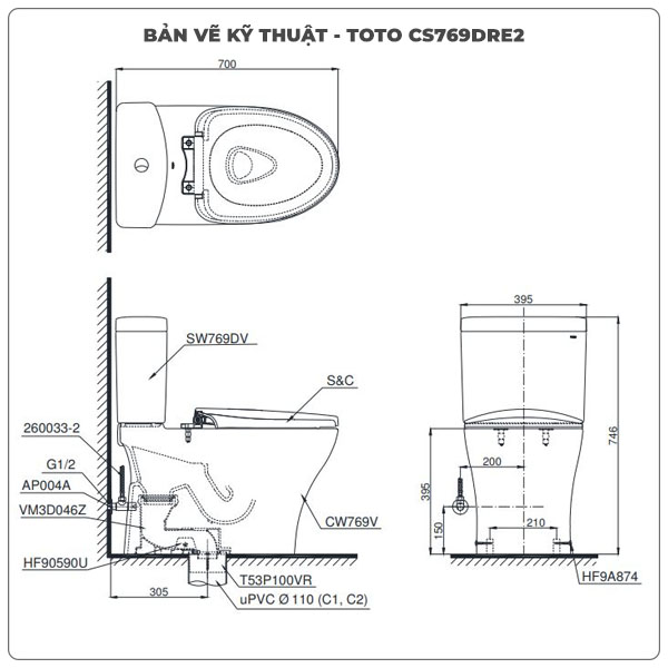 Thông số kỹ thuật bồn cầu 2 khối nắp rửa cơ TOTO CS769DRE2