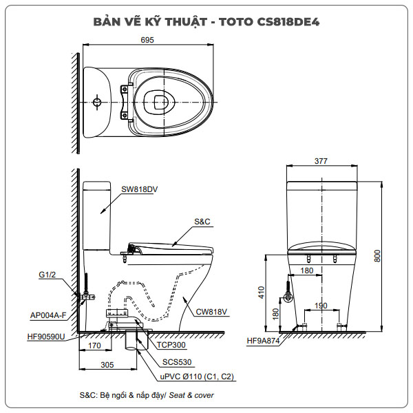 Thông số kỹ thuật bồn cầu nắp rửa cơ TOTO CS818DE4