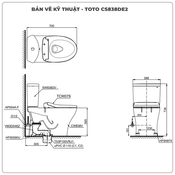 Thông số kỹ thuật bồn cầu 2 khối nắp rửa cơ TOTO CS838DE2