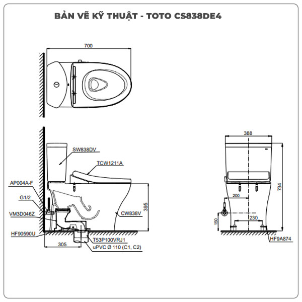 Thông số kỹ thuật bồn cầu 2 khối nắp rửa cơ TOTO CS838DE4