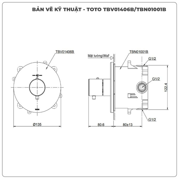 Thông số kỹ thuật van âm tường TOTO TBV01406B/TBN01001B