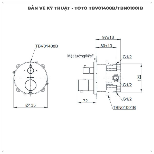 Thông số kỹ thuật van âm tường TOTO TBV01408B/TBN01001B