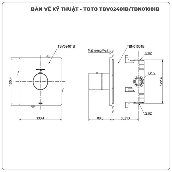 Thông số kỹ thuật van âm tường TOTO TBV02401B/TBN01001B