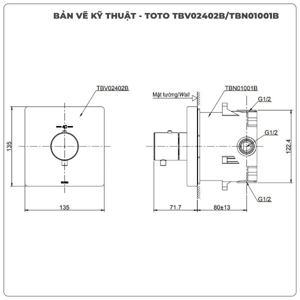 Thông số kỹ thuật van âm tường TOTO TBV02402B/TBN01001B