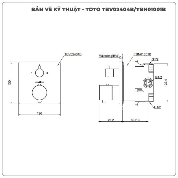 Thông số kỹ thuật van âm tường TOTO TBV01406B/TBN01001B