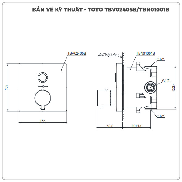 Thông số kỹ thuật van âm tường TOTO TBV02405B/TBN01001B
