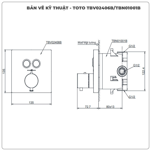 Thông số kỹ thuật van âm tường TOTO TBV02406B/TBN01001B