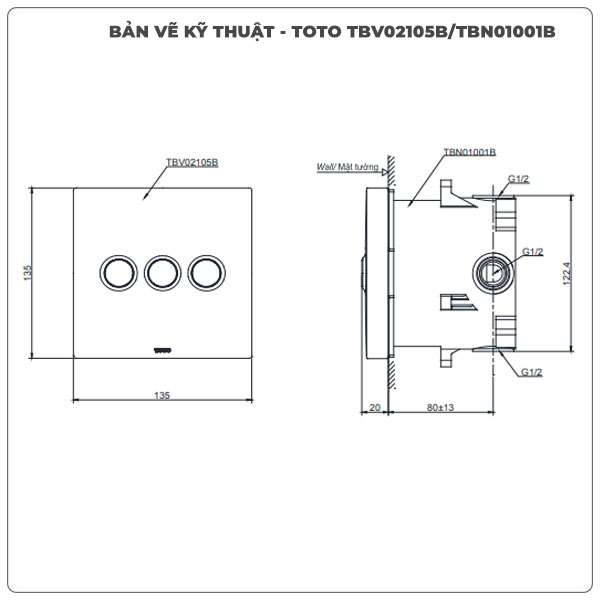 Thông số kỹ thuật van chuyển hướng TOTO TBV02105B/TBN01001B