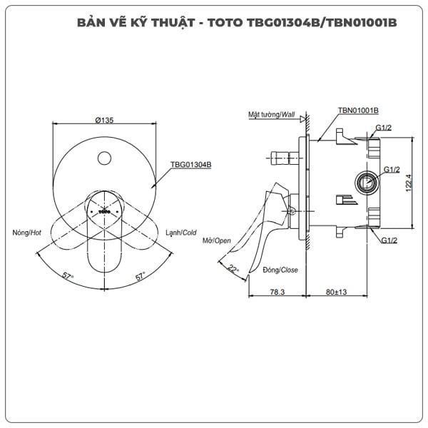 Thông số kỹ thuật van điều chỉnh nóng lạnh TOTO TBG01304BA/TBN01001B