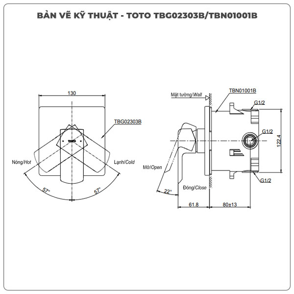 Thông số kỹ thuật van âm tường TOTO TBG02303B/TBN01001B