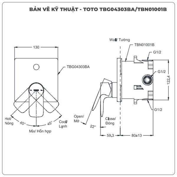 Thông số kỹ thuật van âm tường TOTO TBG04303BA/TBN01001B
