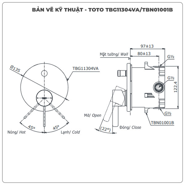 Thông số kỹ thuật van âm tường TOTO TBG11304VA/TBN01001B