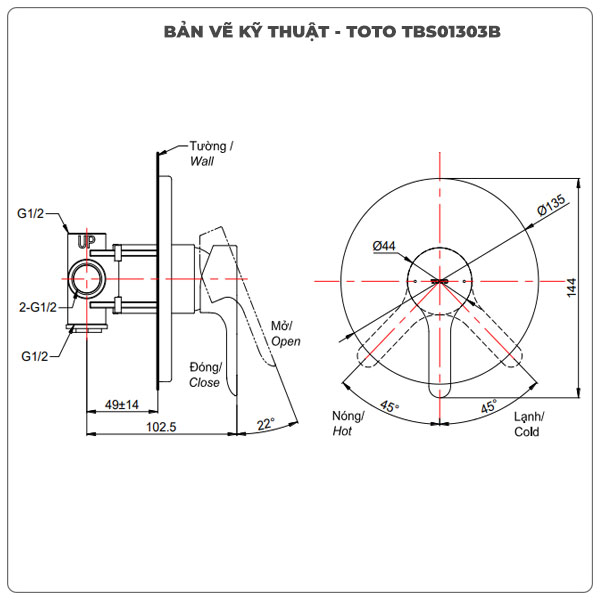 Thông số kỹ thuật van âm tường TOTO TBS01303B