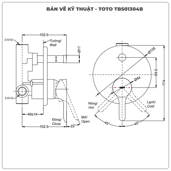 Thông số kỹ thuật van âm tường TOTO TBS01304B