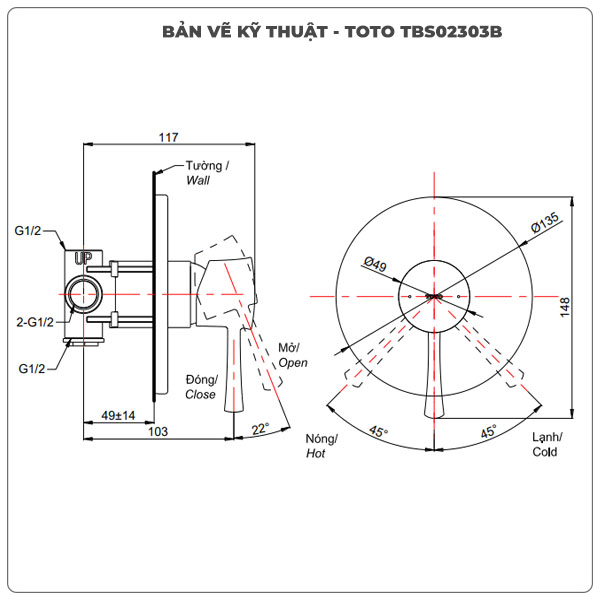 Thông số kỹ thuật van âm tường TOTO TBS02303B