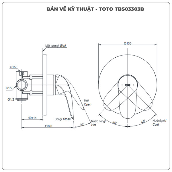 Thông số kỹ thuật van âm tường TOTO TBS03303B