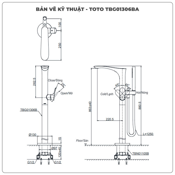 Thông số kỹ thuật vòi sen xả bồn tắm TOTO TBG01306BA/TBN01105B