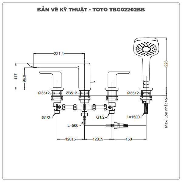 Thông số kỹ thuật vòi sen xả bồn tắm TOTO TBG02202BB