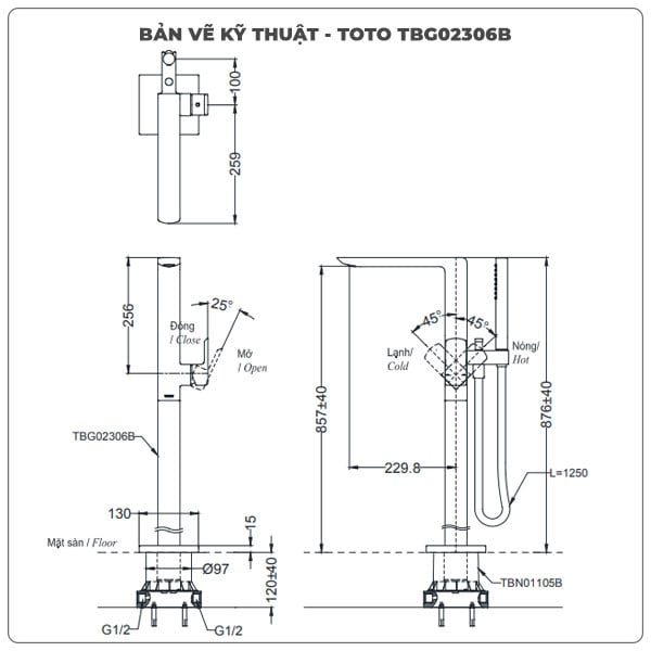 Thông số kỹ thuật vòi sen xả bồn tắm TOTO TBG02306B/TBN01105B