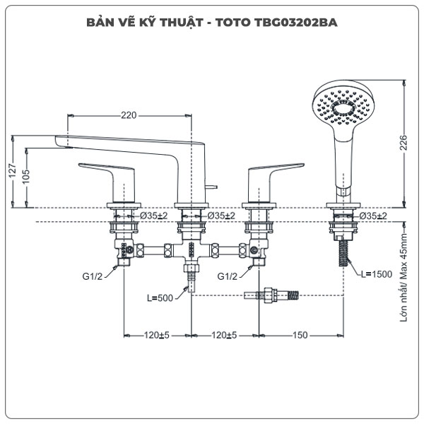 Thông số kỹ thuật vòi sen xả bồn tắm TOTO TBG03202BA