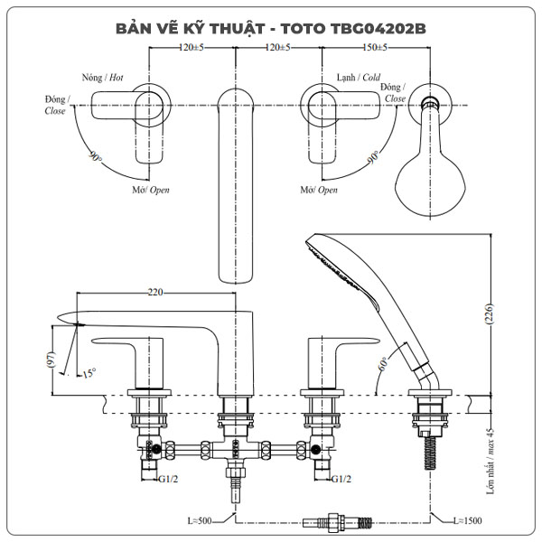 Thông số kỹ thuật vòi sen xả bồn tắm TOTO TBG04202B
