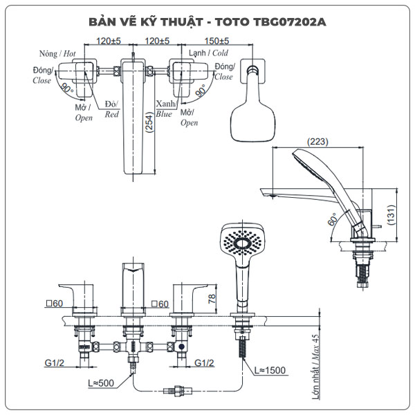 Thông số kỹ thuật vòi sen xả bồn tắm TOTO TBG07202A