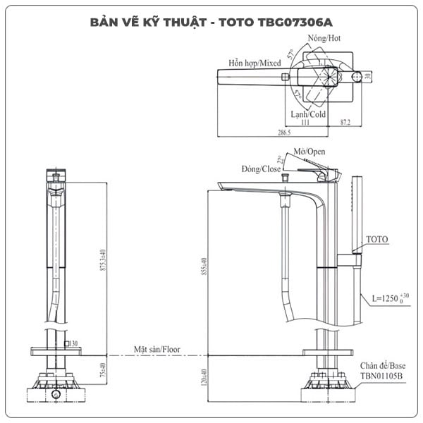 Thông số kỹ thuật vòi sen xả bồn tắm TOTO TBG07306A/TBN01105B