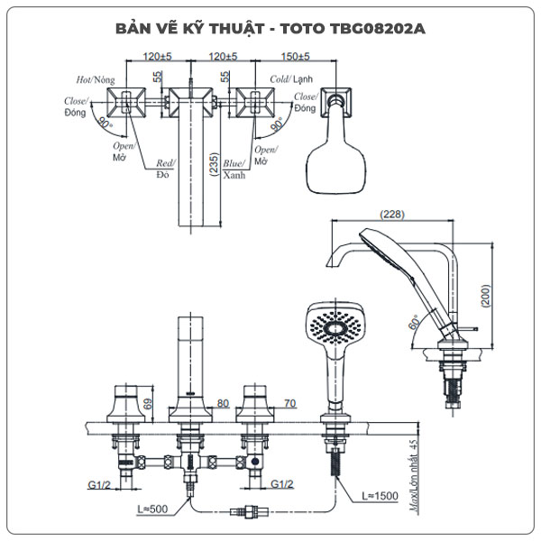 Thông số kỹ thuật vòi sen xả bồn tắm TOTO TBG08202A