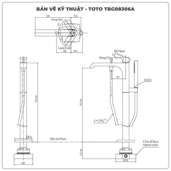 Thông số kỹ thuật vòi sen xả bồn tắm TOTO TBG08306A/TBN01105B