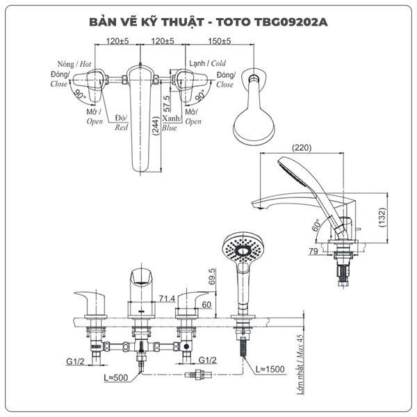 Thông số kỹ thuật vòi sen xả bồn tắm TOTO TBG09202A