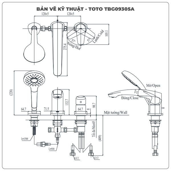 Thông số kỹ thuật vòi xả bồn tắm TOTO TBG09305AA