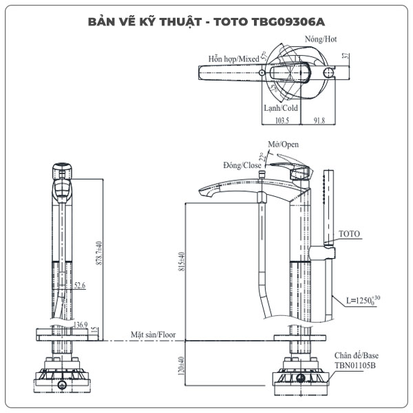Thông số kỹ thuật vòi sen xả bồn tắm TOTO TBG09306A/TBN01105B