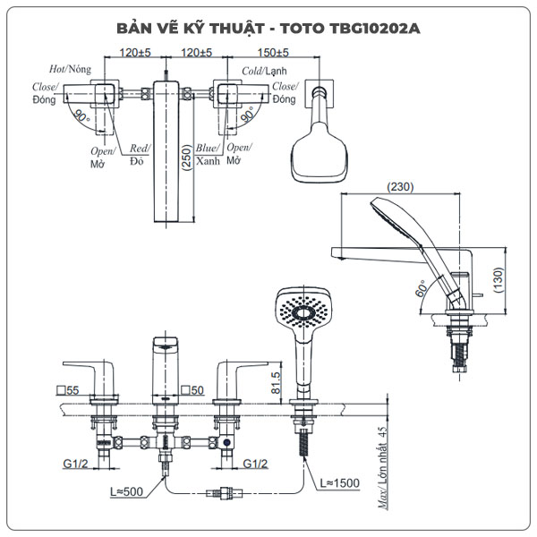 Thông số kỹ thuật vòi sen xả bồn tắm TOTO TBG10202A