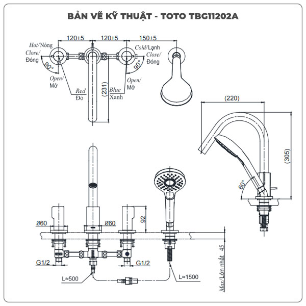 Thông số kỹ thuật vòi sen xả bồn tắm TOTO TBG11202A