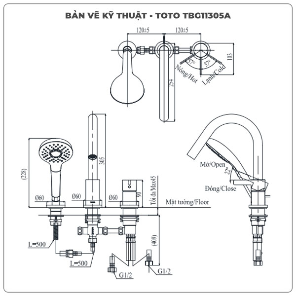 Thông số kỹ thuật vòi xả bồn tắm TOTO TBG11305A