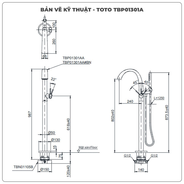 Thông số kỹ thuật vòi sen xả bồn tắm TOTO TBP01301A/TBN01105B