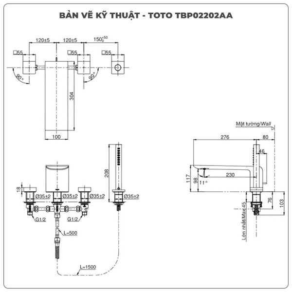 Thông số kỹ thuật vòi xả bồn tắm TOTO TBP02202AA