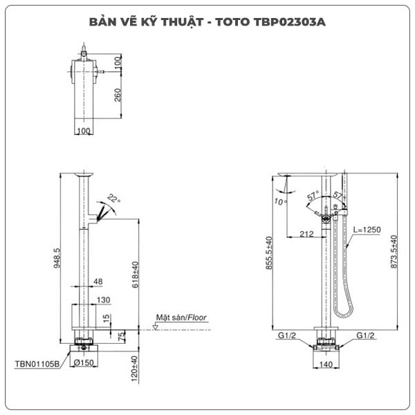 Thông số kỹ thuật vòi sen xả bồn tắm TOTO TBP02303AA/TBN01105B