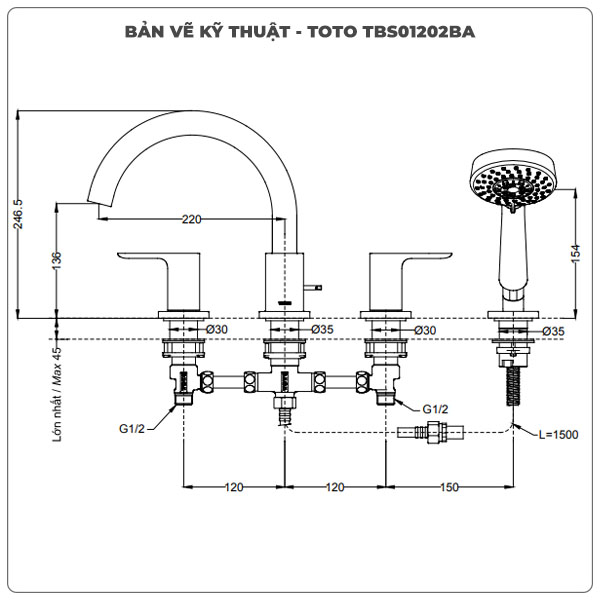 Thông số kỹ thuật vòi sen xả bồn tắm TOTO TBS01202BA