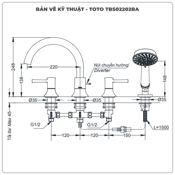Thông số kỹ thuật vòi sen xả bồn tắm TOTO TBS02202BA