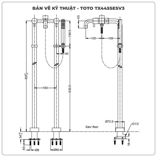 Thông số kỹ thuật vòi sen xả bồn tắm TOTO TX445SESV3