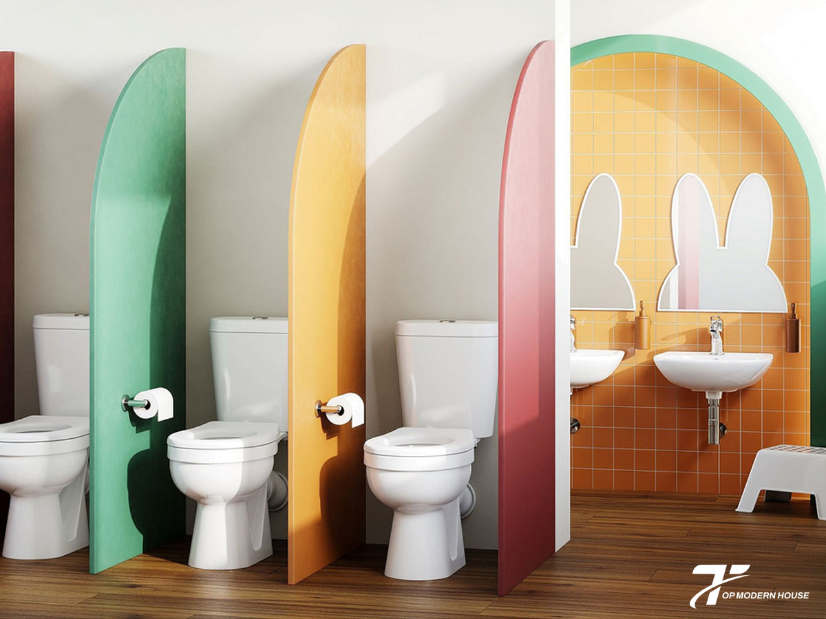 Bồn cầu trẻ em có thiết kế thấp, vừa tầm với giúp bé dễ sử dụng, an toàn và hỗ trợ hình thành thói quen vệ sinh độc lập.