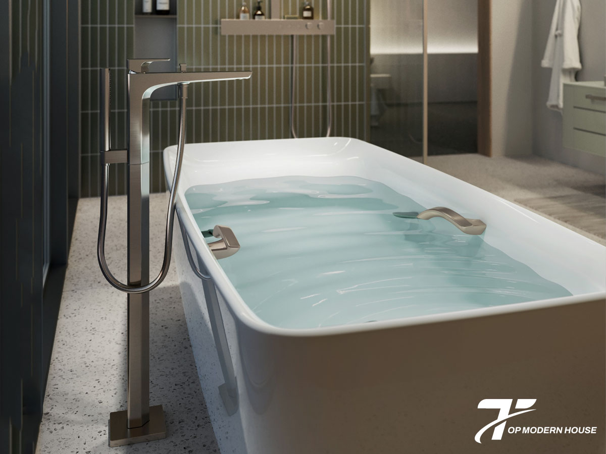 Vòi xả bồn đặt sàn có thiết kế vững chắc, phù hợp lắp đặt trực tiếp trên sàn cho phòng tắm sang trọng.