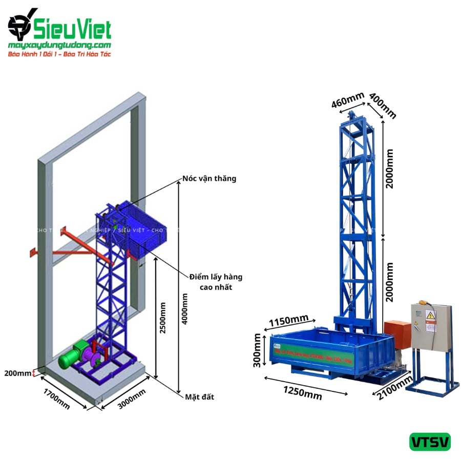 Vận thăng nâng hàng tải trọng 300kg, cao 36m