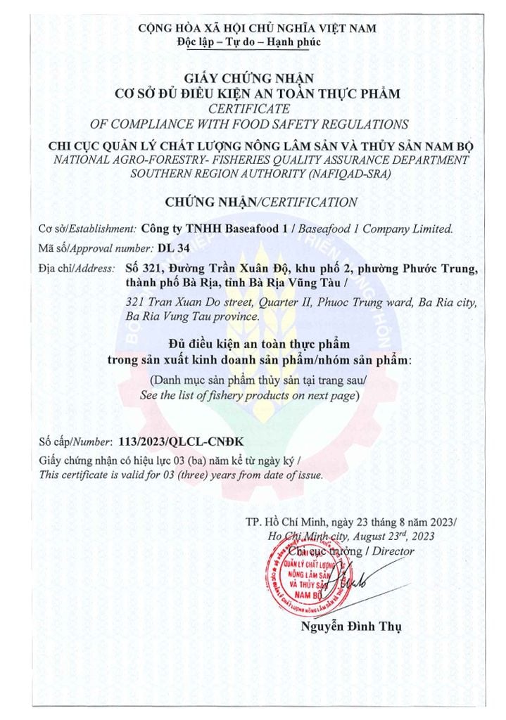 CERTIFICATE OF COMPALIANCE WITH FOOD SAFETY REGULATIONS DL4