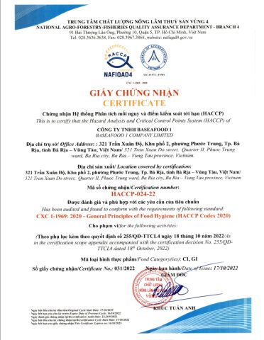 Baseafood 1 Hazard Analysis and Critical Control Point (HACCP) System Certification