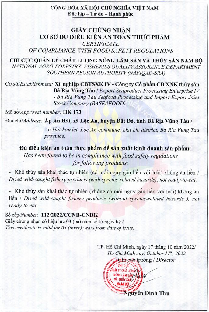 CERTIFICATE OF COMPALIANCE WITH FOOD SAFETY REGULATIONS HK173